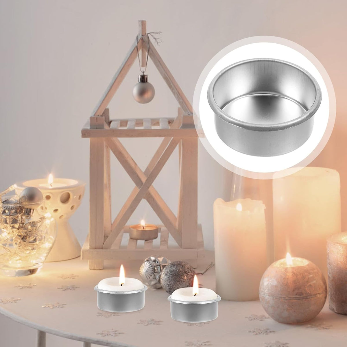 Set 20 suporturi metalice pentru lumânări pastilă, rotunde, model striat, reutilizabile, argintii