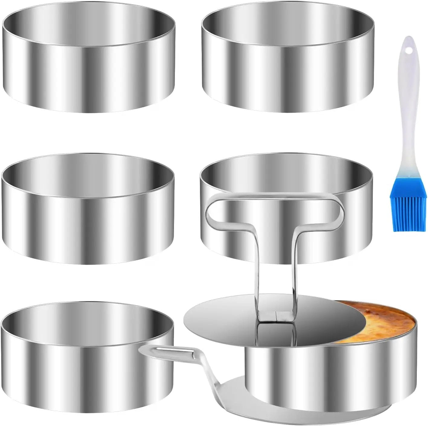 Set 6 inele pentru desert din inox, 8,8 x 3,5 cm, cu presă, spatulă de ridicare și pensulă din silicon