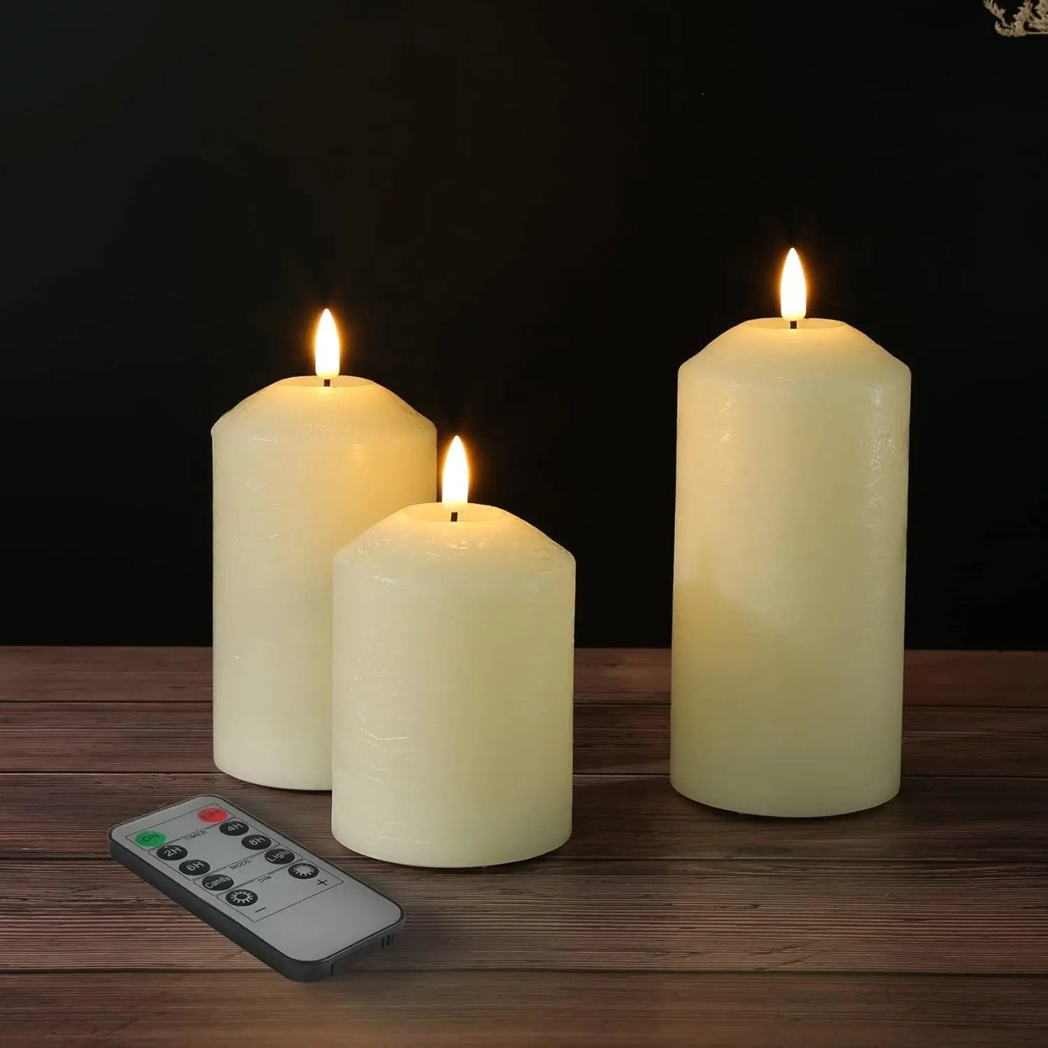 Set 3 lumanari stalp LED fara flacara, ceara de parafina, telecomanda, 7,6 cm diametru, ivoriu