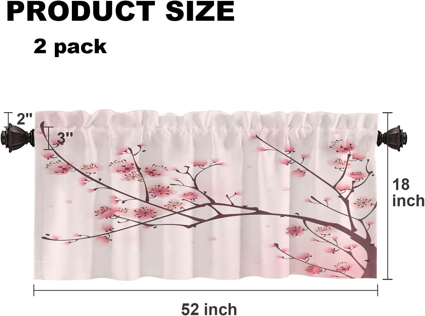 Draperie scurtă decorativă pentru fereastră, model flori de cireș și ramuri de prun, 132 x 46 cm, roz