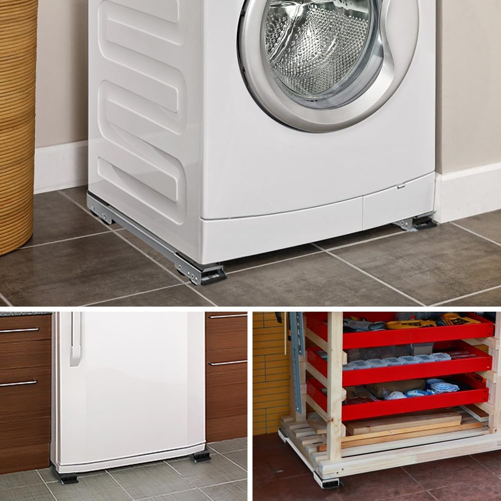 Set 2 suporți cu role pentru mutat mobilier, metal, lungime reglabilă 43,4-69,3 cm, 24 roți, alb