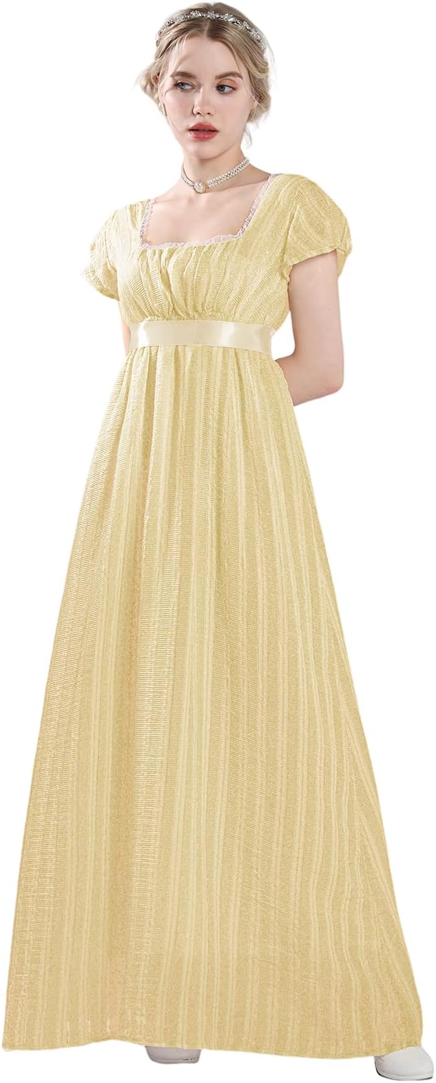 Rochie cosplay de epocă CR ROLECOS, talie înaltă, croială evazată, șampanie, XL