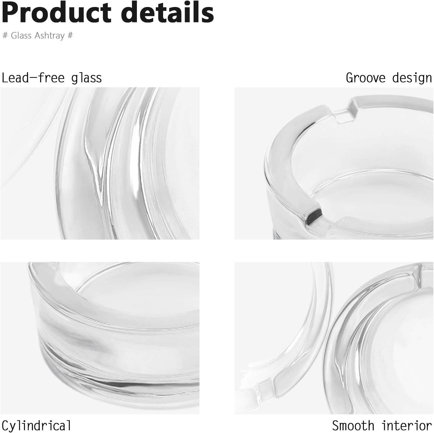 Scrumieră pentru țigări din sticlă transparentă, 8,5 x 8,5 x 3,5 cm, rotundă, 3 caneluri, antiderapantă