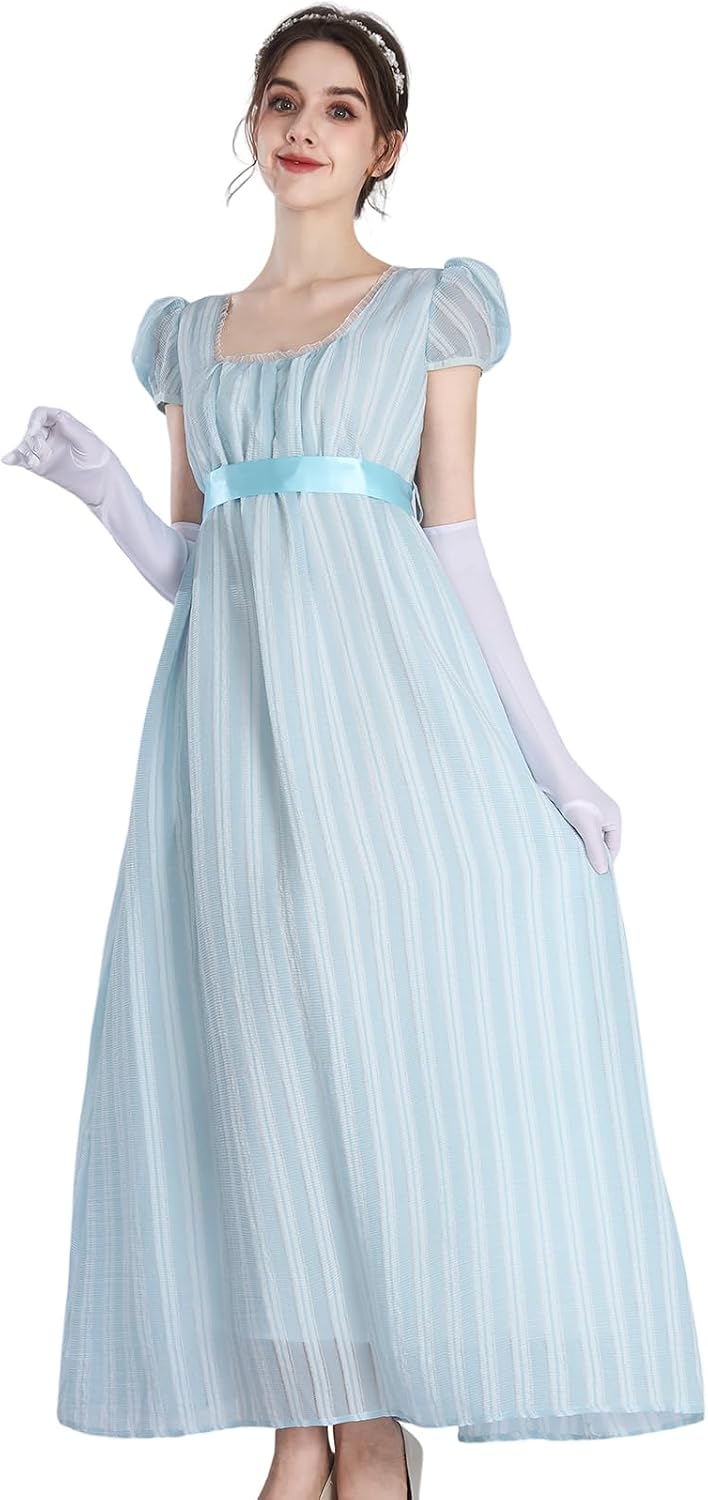 Rochie cosplay de epocă CR ROLECOS, talie înaltă, croială evazată, albastru deschis