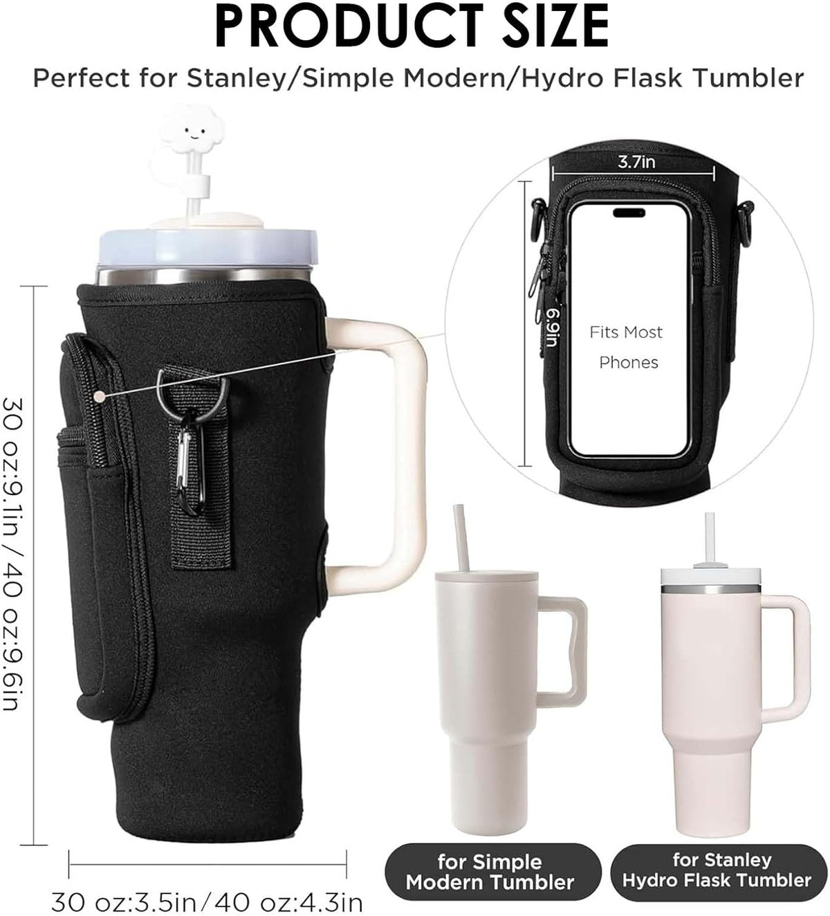 Water Bottle Carrier Bag for Stanley Cup 40oz, Water Bottle Holder with Phone Pocket,Adjustable Shoulder and Carabiner Clip,Stanley Cup Holder for Walking Hiking Camping Travelling (Black)
