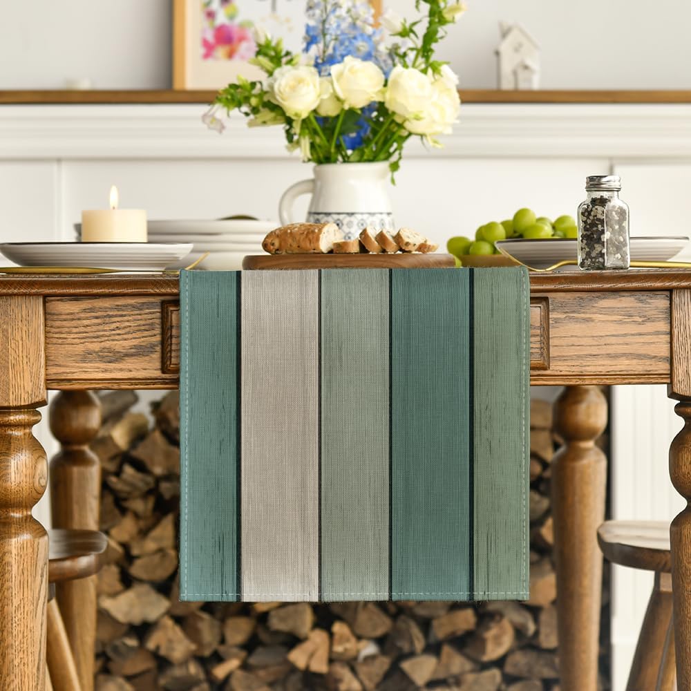Artoid Mode Water Green Planks Antique Old Rustic Wood Summer Table Runner Spring Kitchen Table Decoration Indoor Holiday Party Decor 40 x 180 cm
