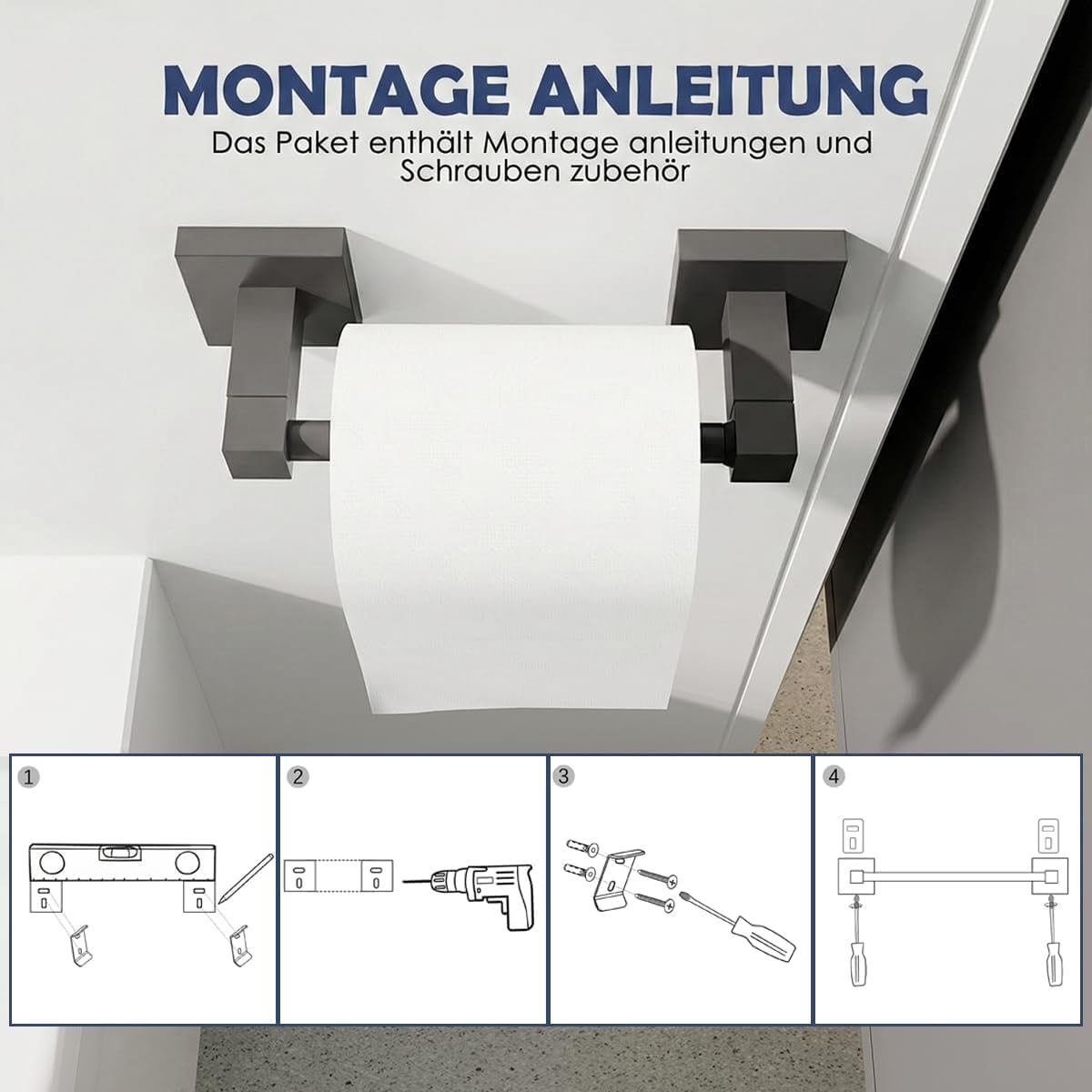 Suport hartie igienica pentru perete, inox 304, patrat, montaj orizontal si vertical, negru