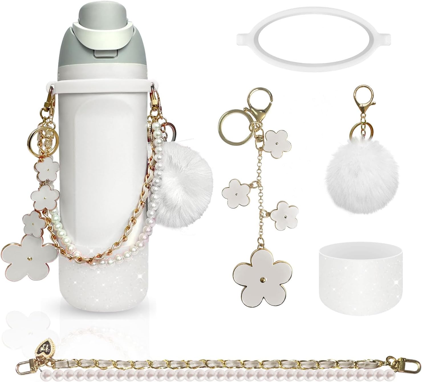 Set 5 accesorii pentru sticla de apa, cu charms si maner de transport, compatibil Owala