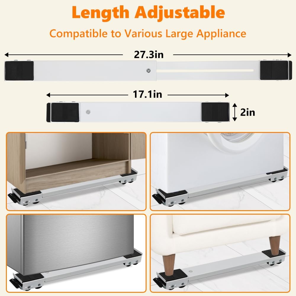 Set 2 suporți cu role pentru mutat mobilier, metal, lungime reglabilă 43,4-69,3 cm, 24 roți, alb