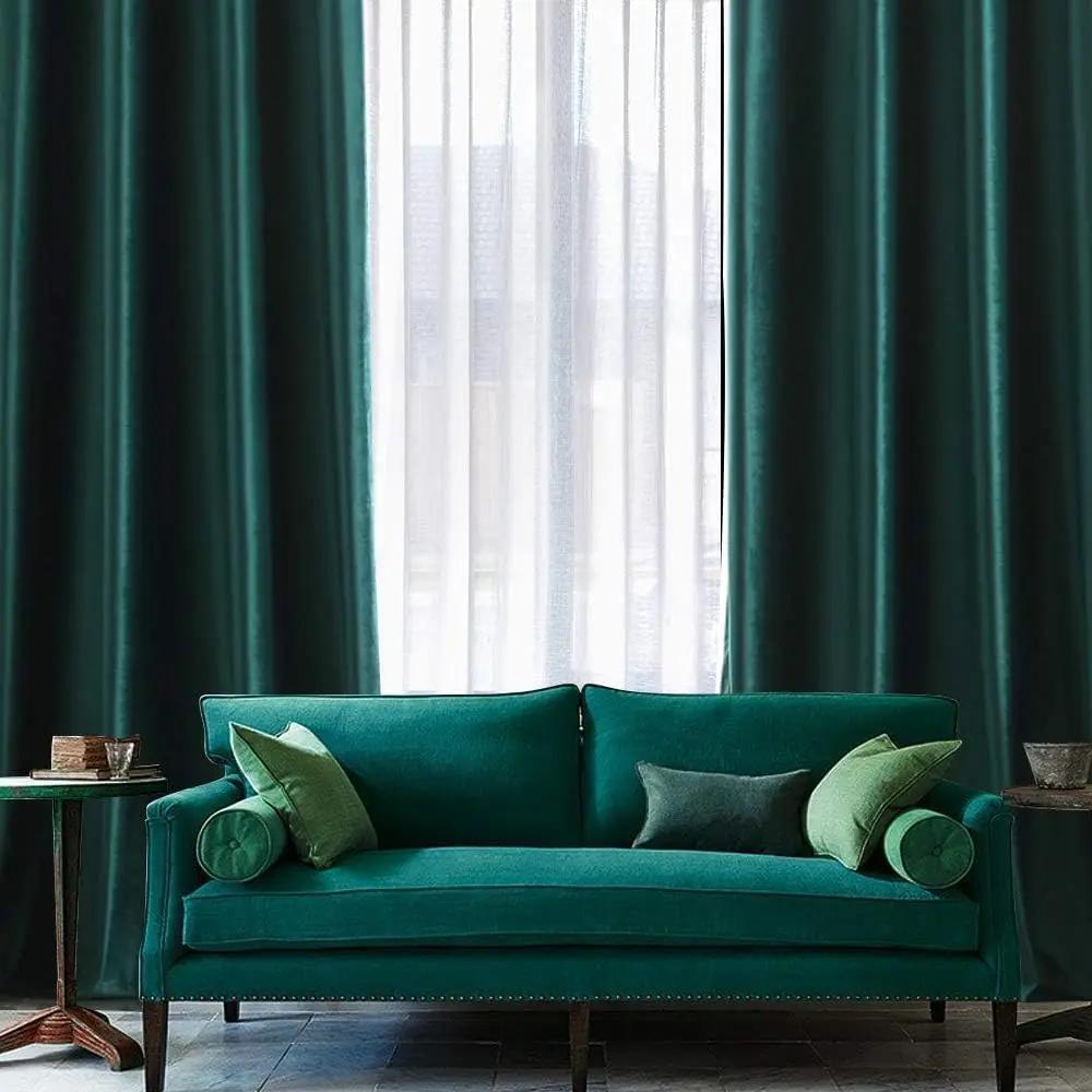 Set 2 draperii catifelate cu inele, 140 x 290 cm, opace, verde închis