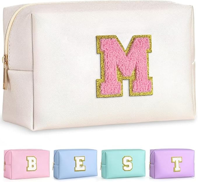 Geanta cosmetice voiaj, piele PU, 21 x 9 x 12 cm, cu litera monograma, roz