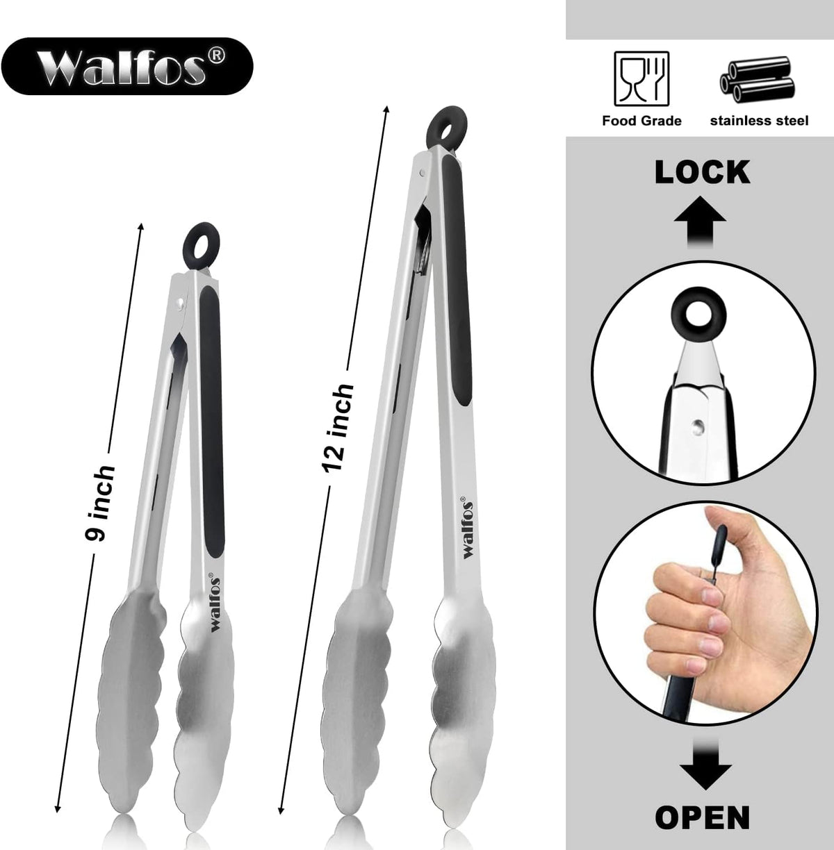 Set 2 clesti bucatarie din inox, 23 cm si 30,5 cm, cu blocare, maner silicon antiderapant