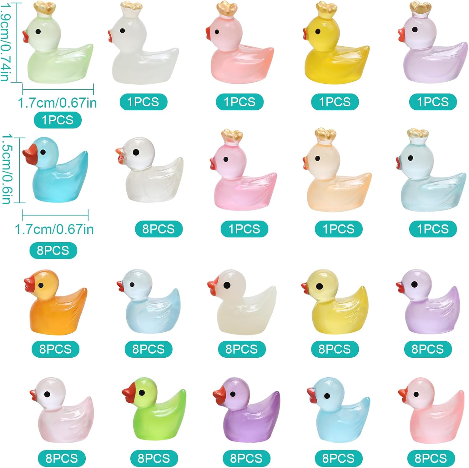 Set 104 figurine mini rațe din rășină, fosforescente, 20 culori, 1,5 x 1,7 cm, pentru decor acvariu și grădină miniaturală