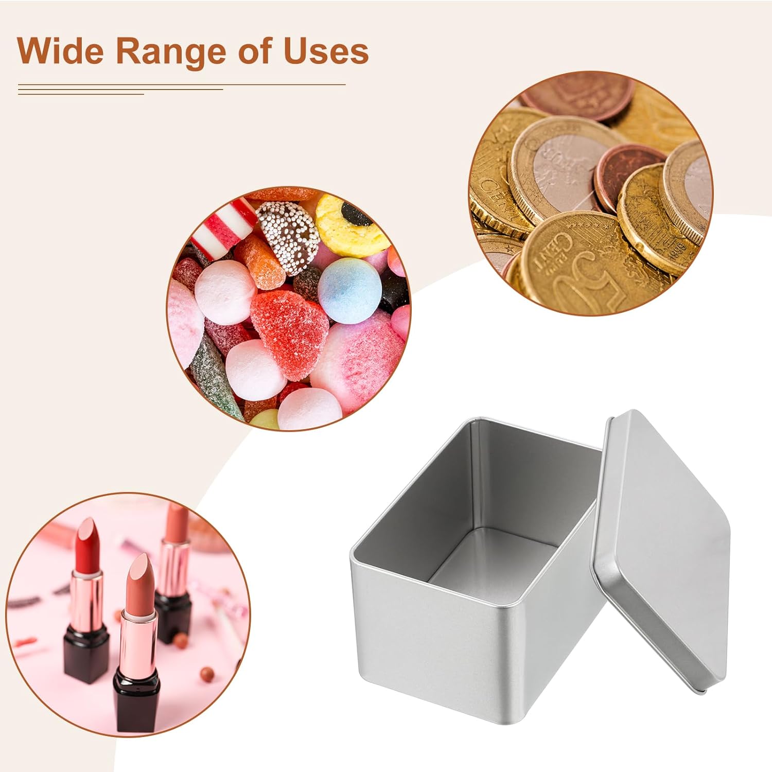 Set 6 cutii metalice cu capac, 107 x 70 x 60 mm, tabla cositorita, argintiu