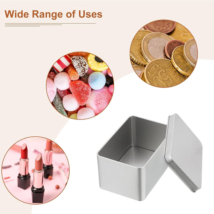 Set 6 cutii metalice cu capac, 107 x 70 x 60 mm, tabla cositorita, argintiu