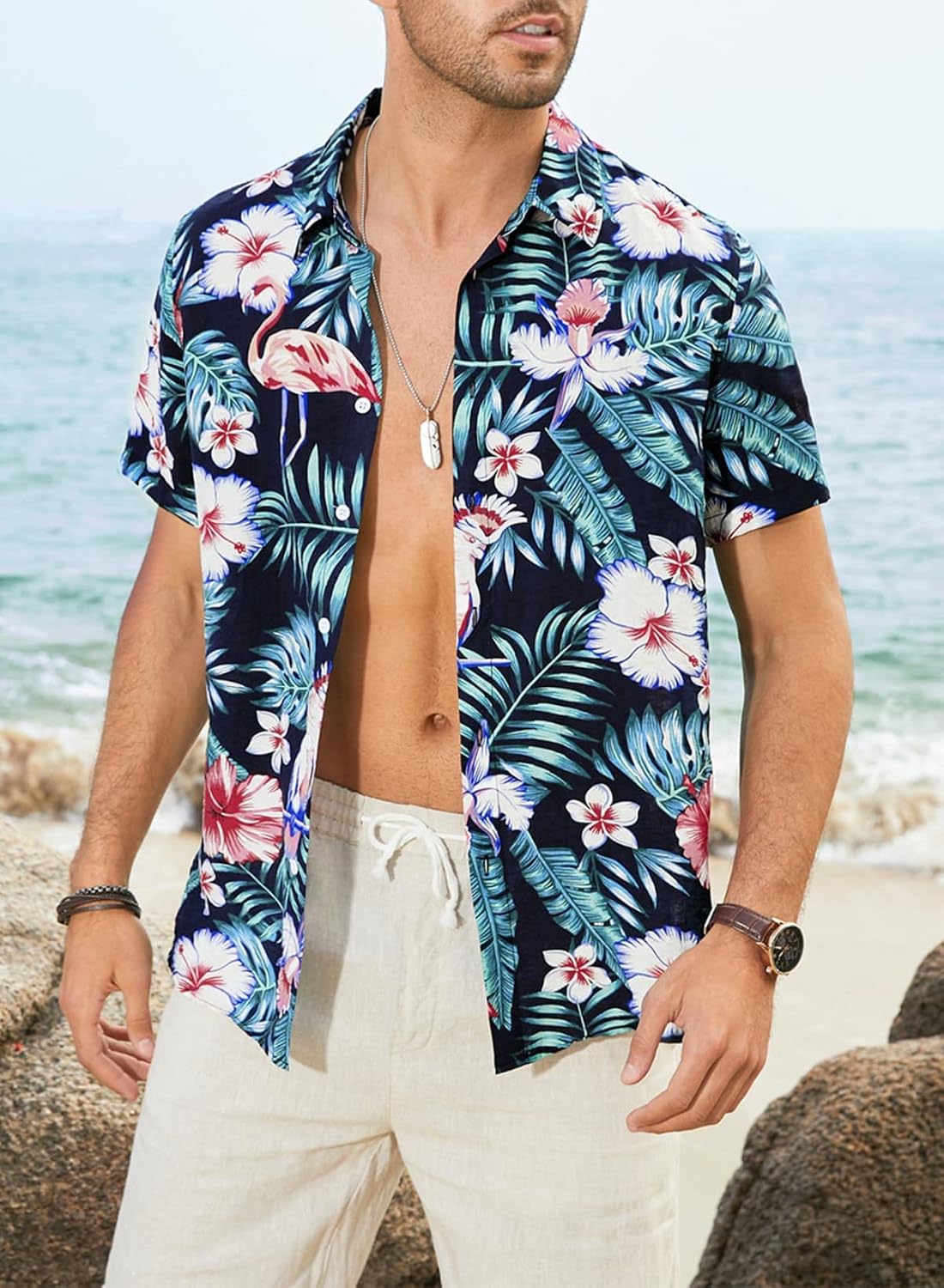 Meilicloth Men's Hawaiian Shirt Short Sleeve Funky Casual Button Down Beach Hawaiian-Print Black Flamingo, A Black Flamingo, M