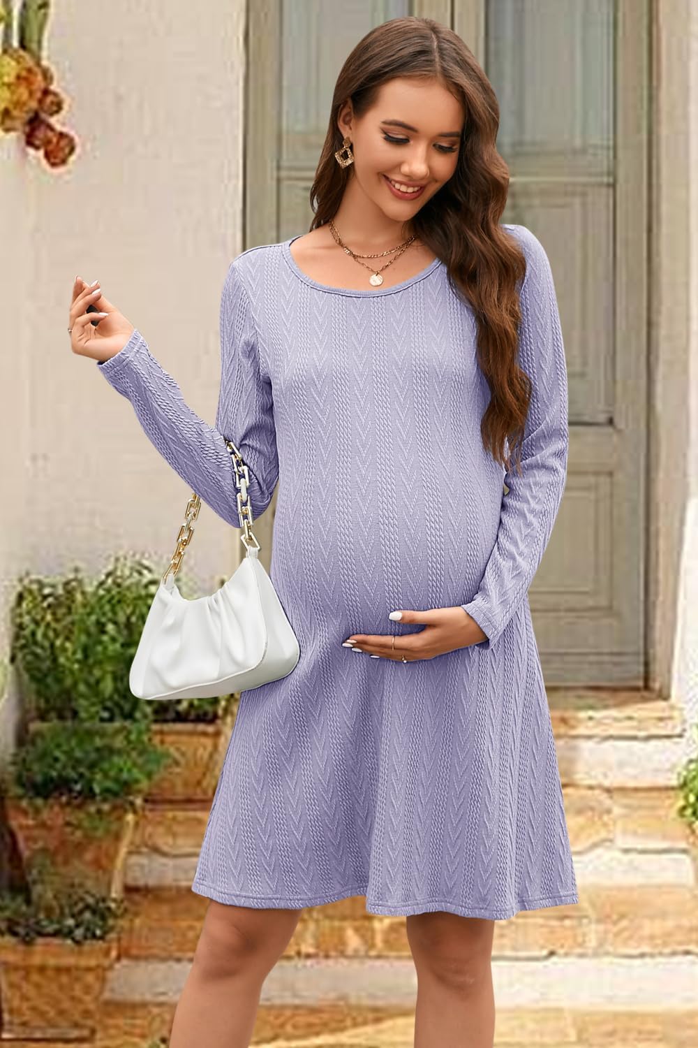 Rochie tricotată midi, mânecă lungă, guler rotund, mov, XL