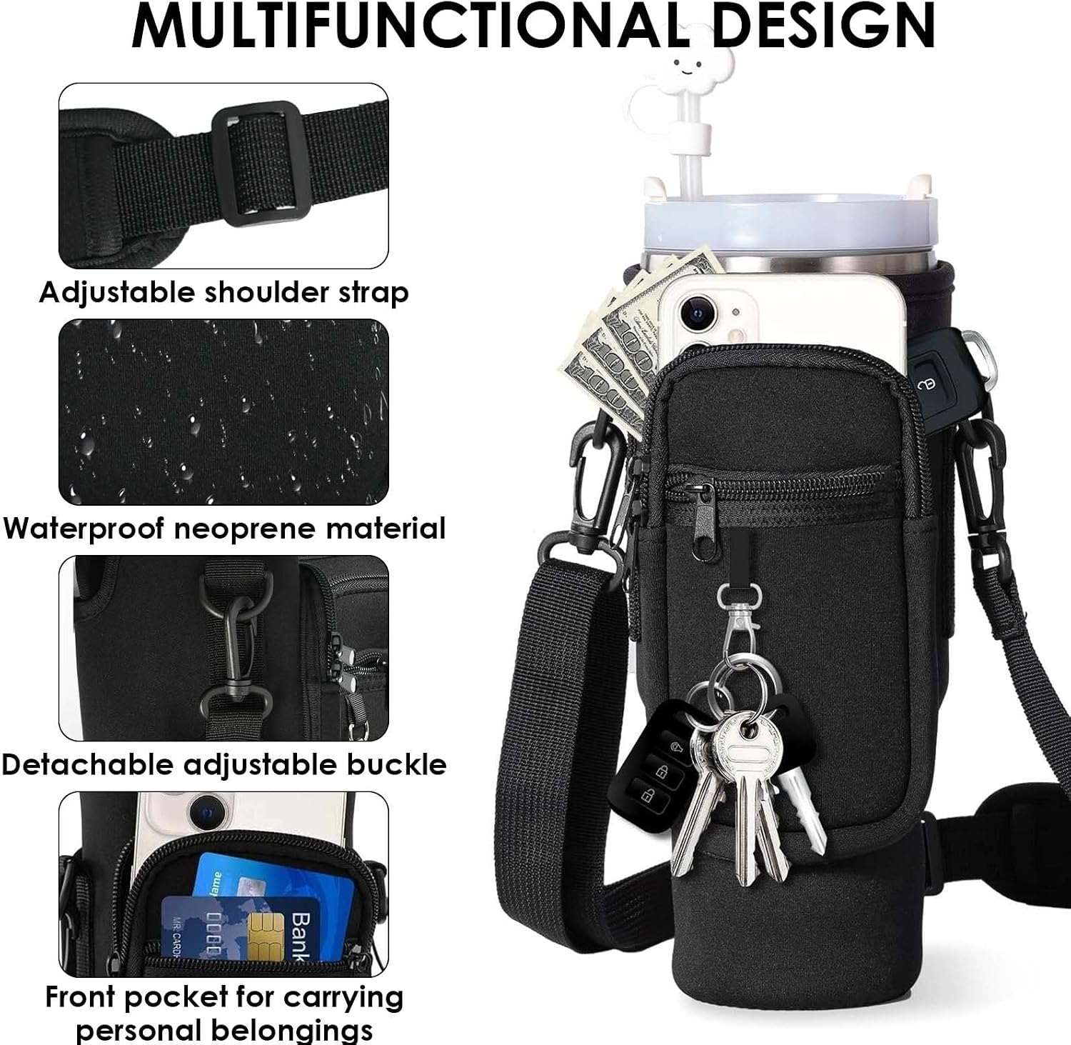 Water Bottle Carrier Bag for Stanley Cup 40oz, Water Bottle Holder with Phone Pocket,Adjustable Shoulder and Carabiner Clip,Stanley Cup Holder for Walking Hiking Camping Travelling (Black)