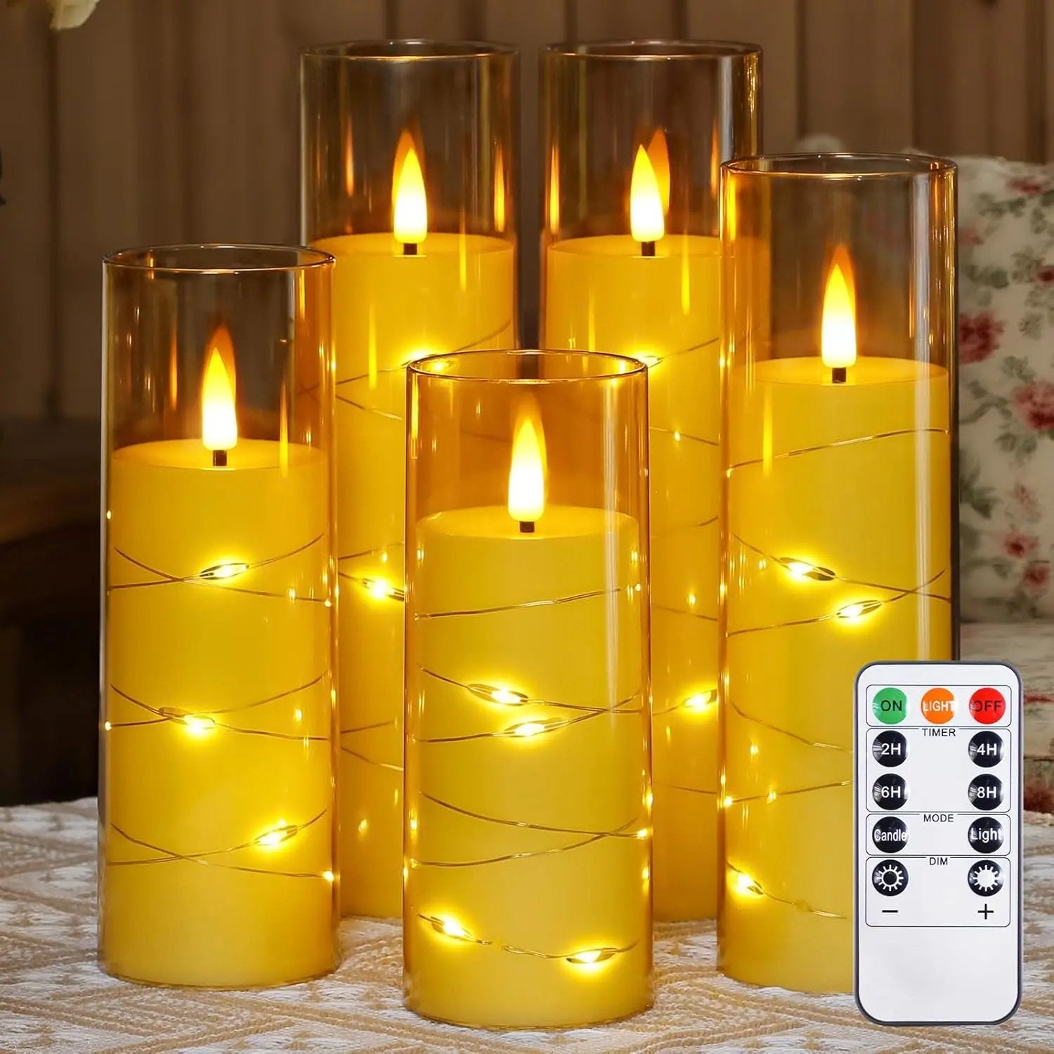 Set 5 lumanari LED tip stalp, plastic, 5,5 x 12,5-20 cm, cu timer si efect palpaire, auriu