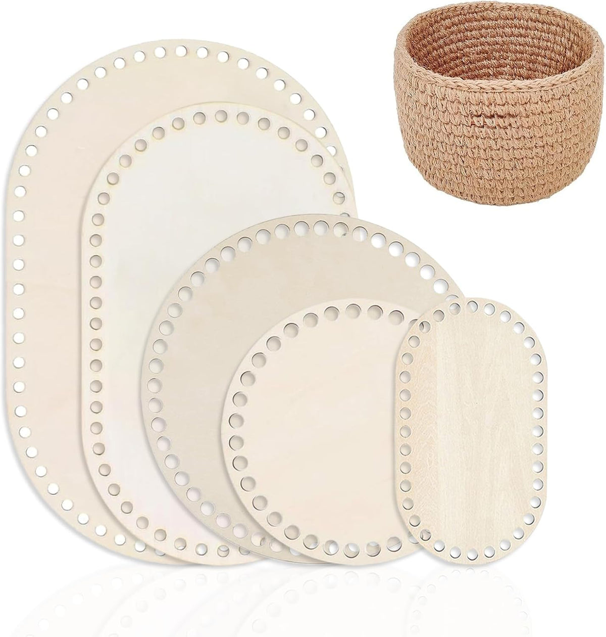 Set 5 baze pentru cos crosetat din lemn de tei, 15/20/25/30 cm, ovale si rotunde