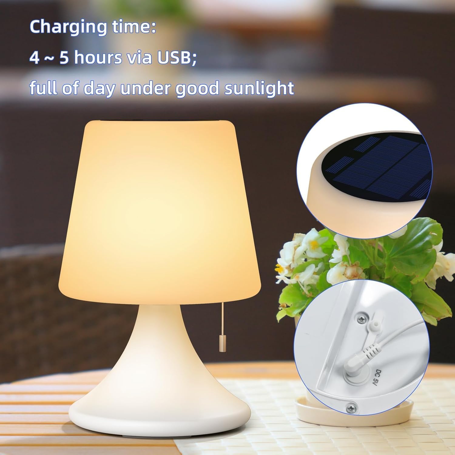 Lampa de masa LED pentru exterior cu telecomanda, reincarcabila solar si USB, 8 culori, reglabila, IP44