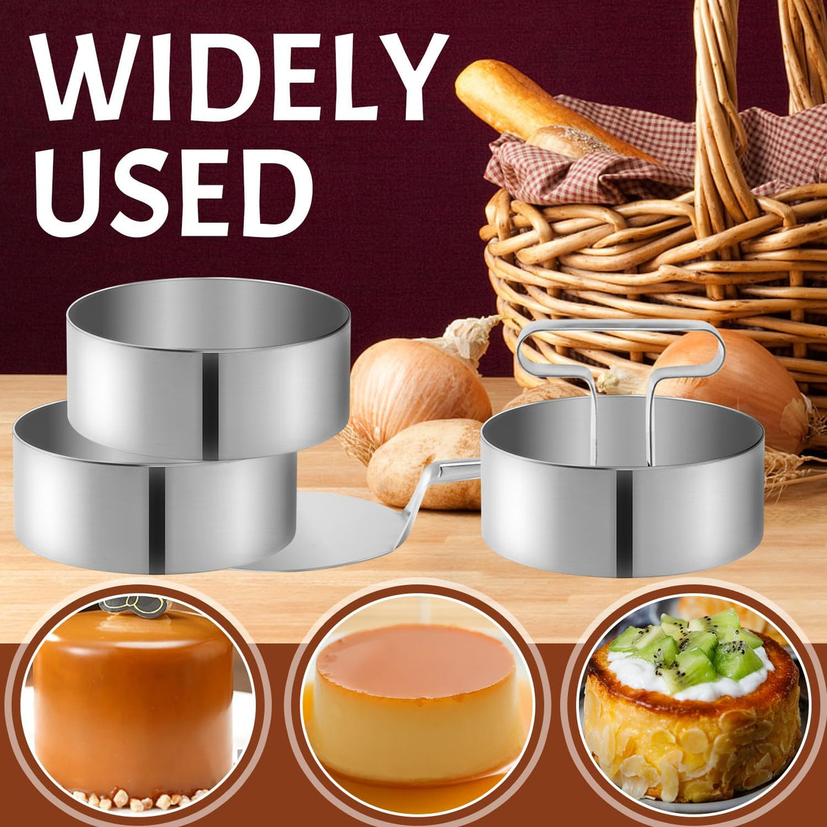 Set 6 inele pentru desert din inox, 8,8 x 3,5 cm, cu presă, spatulă de ridicare și pensulă din silicon