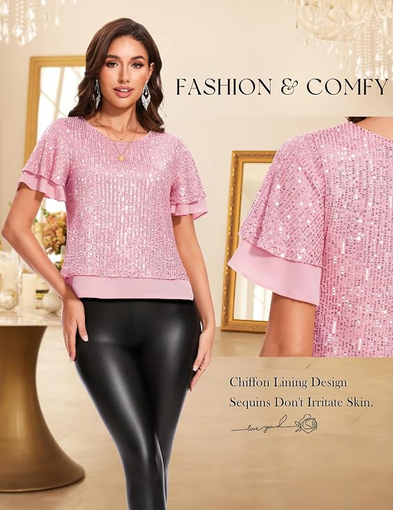 Bluză cu paiete DRESSTELLS, mâneci scurte cu volane, decolteu rotund, roz, M