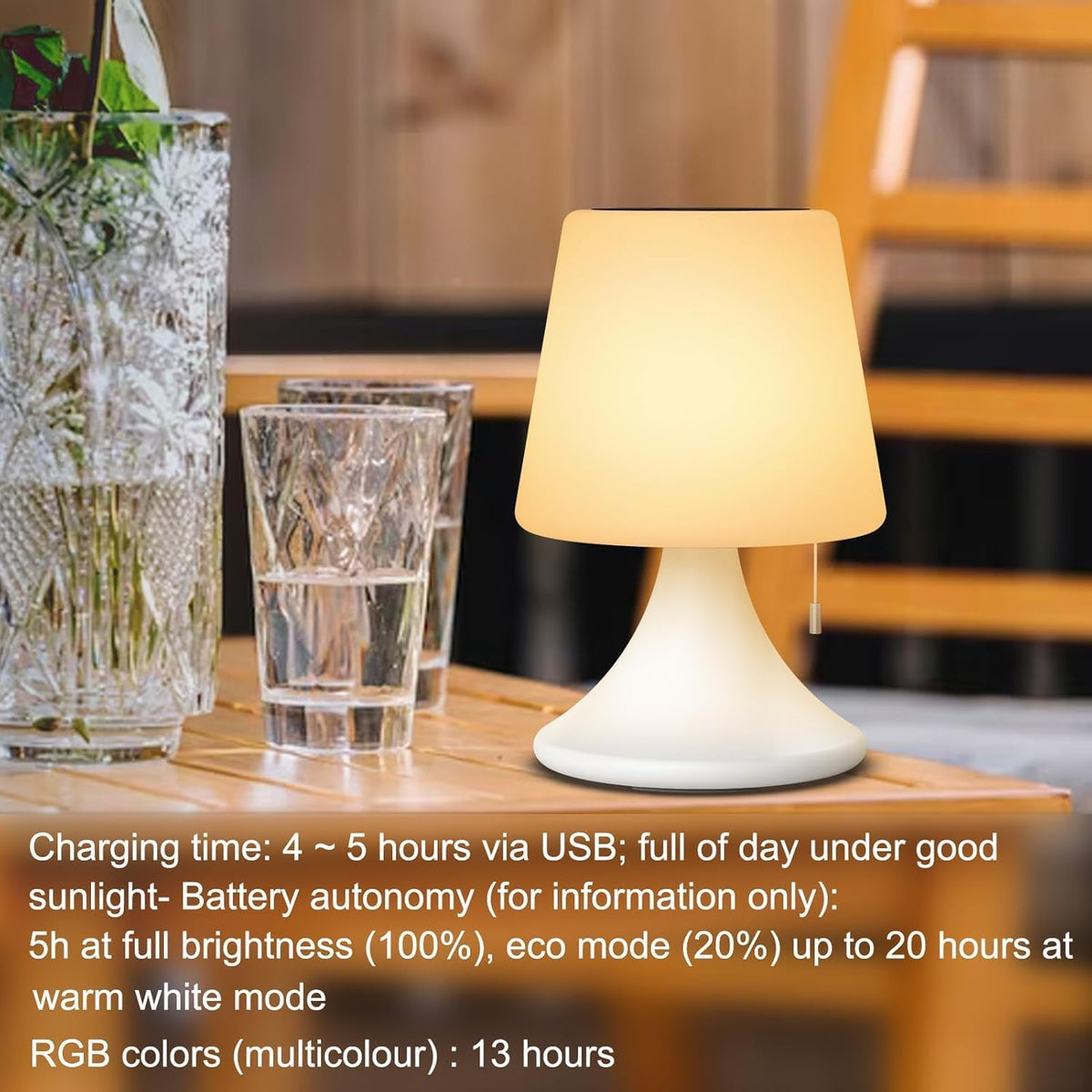 Lampa de masa LED pentru exterior cu telecomanda, reincarcabila solar si USB, 8 culori, reglabila, IP44