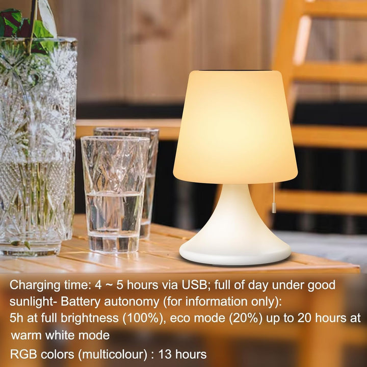 Lampa de masa LED pentru exterior cu telecomanda, reincarcabila solar si USB, 8 culori, reglabila, IP44