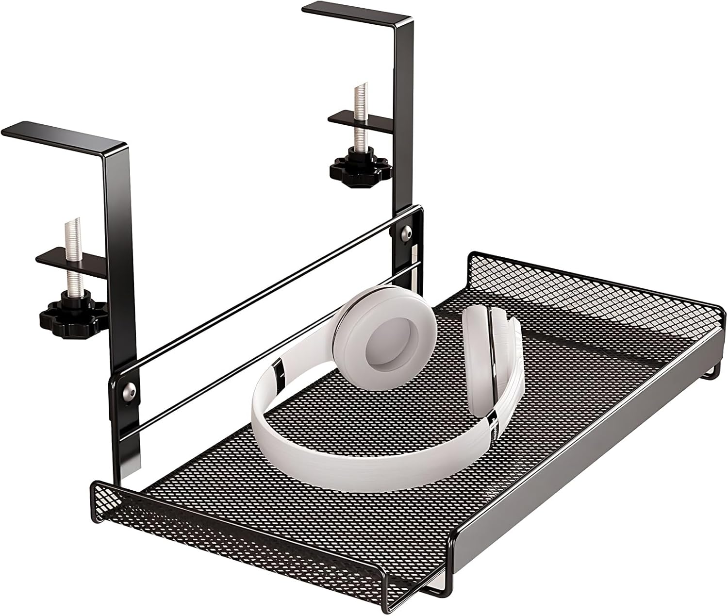 Tavă organizare sub birou 36,5 x 20 x 18 cm, oțel carbon, prindere cu clemă, negru
