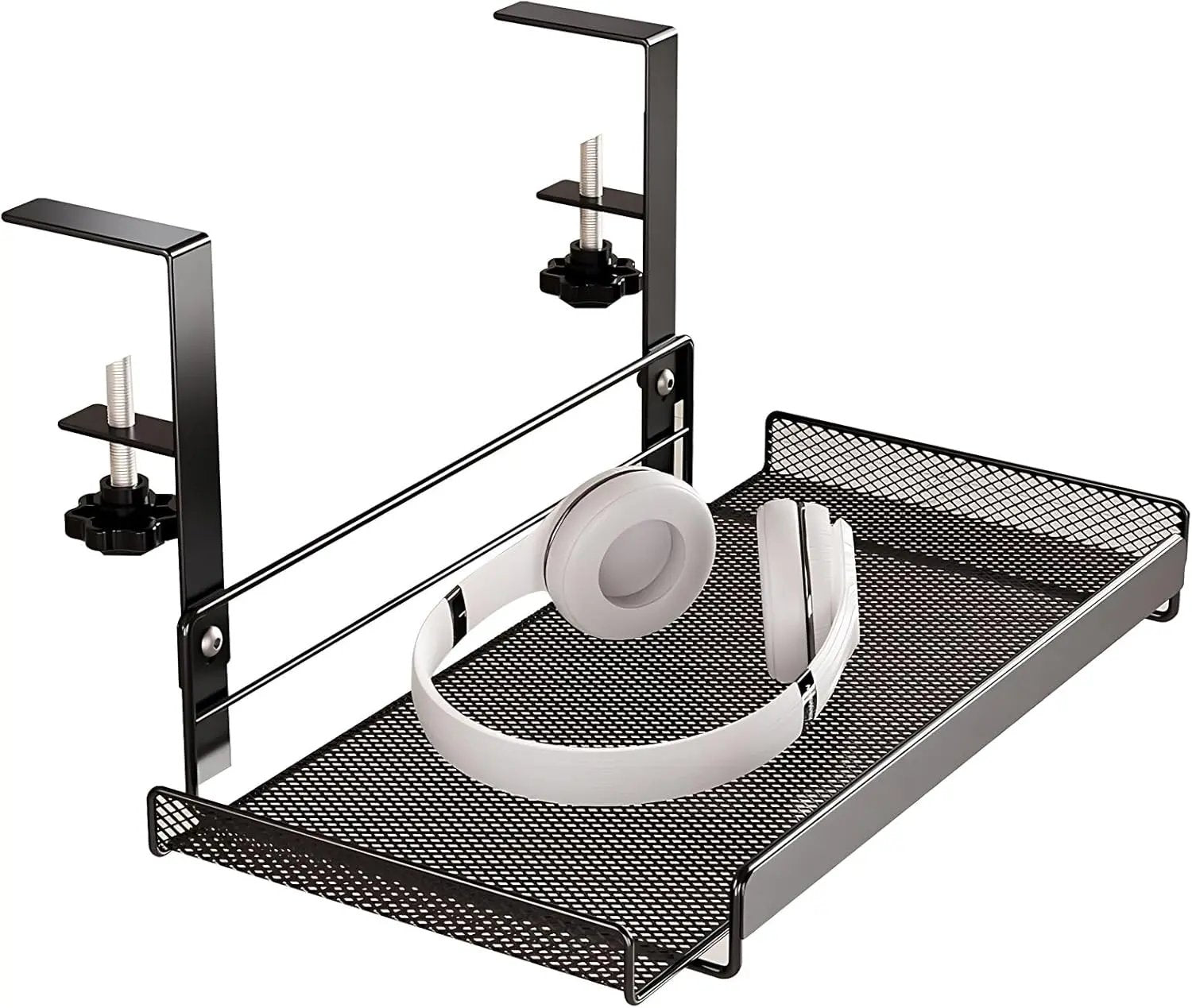 Tavă organizare sub birou 36,5 x 20 x 18 cm, oțel carbon, prindere cu clemă, negru
