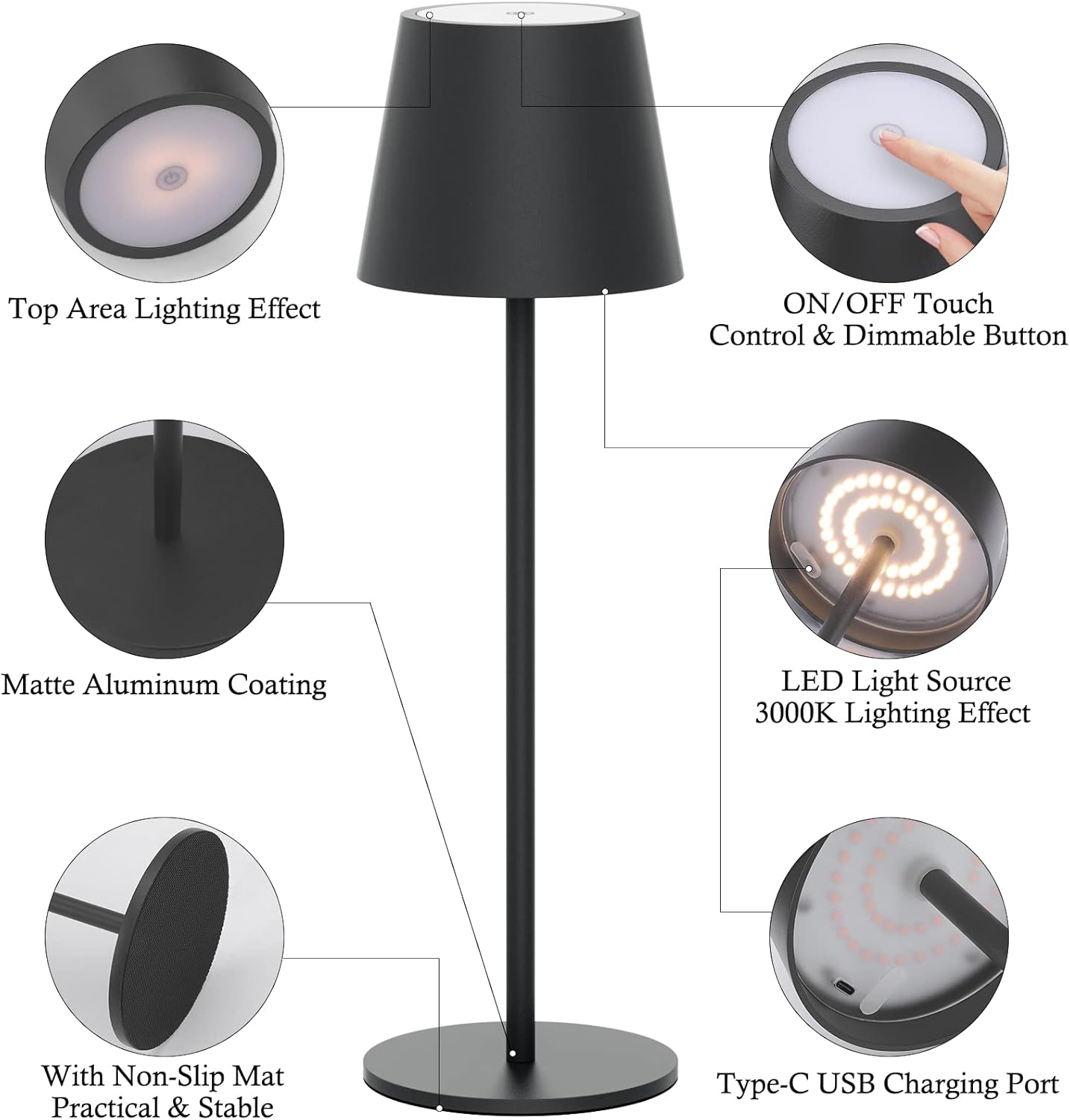 Set 2 lampi de masa LED, lumina alb-calda 3000 K, USB-C, IP54, aluminiu, clasa A