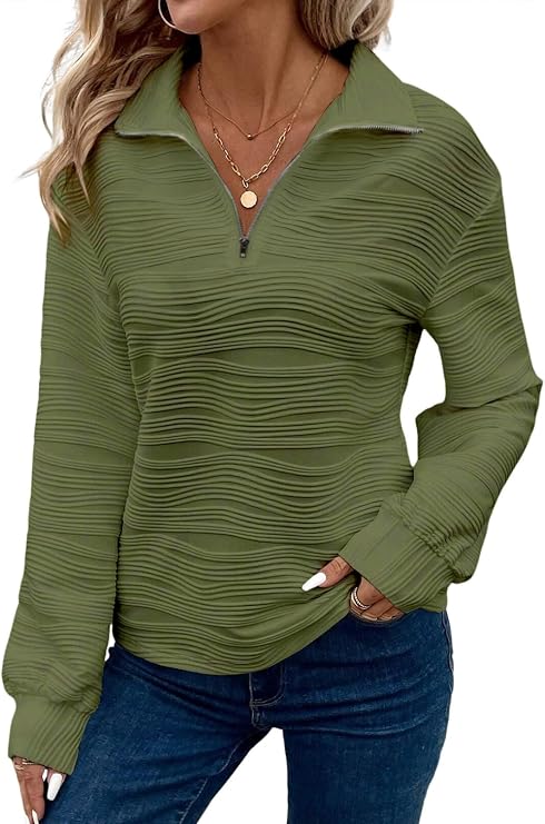 Pulover texturat cu fermoar scurt la guler Dokotoo, mânecă lungă, croială lejeră, verde, S