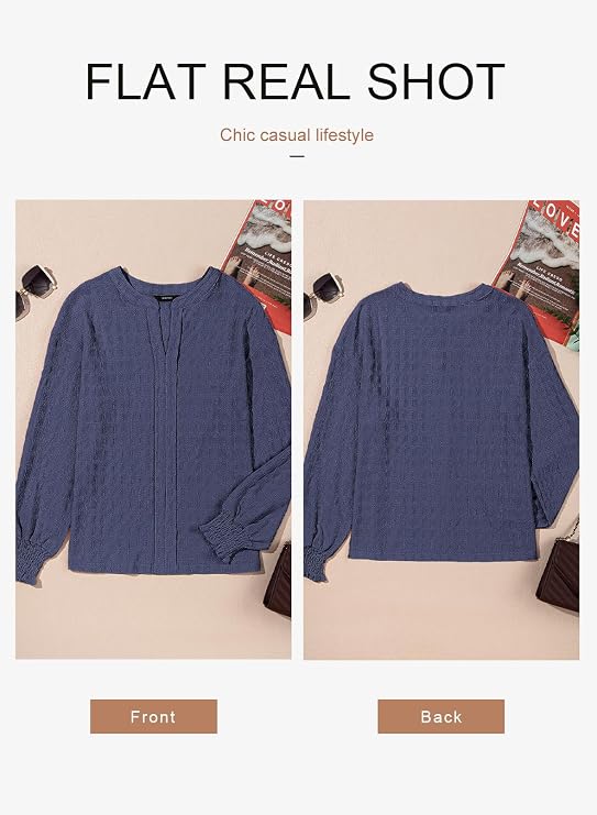 Bluză cu decolteu în V Dokotoo, mâneci lungi, croială lejeră, albatru închis, XL