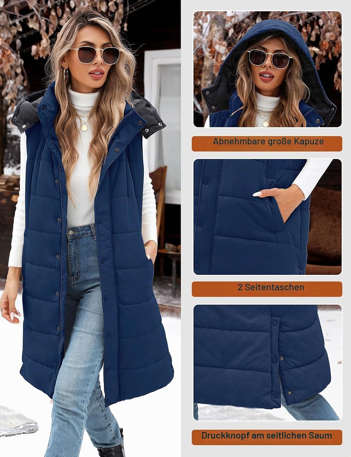 Tuopuda Women's Long Vest with Hood Autumn Winter Quilted Vest Warm Long Vest Transition Vest with Zippers Hooded Vest Down Vest Winter Jacket Vest Sleeveless Jacket