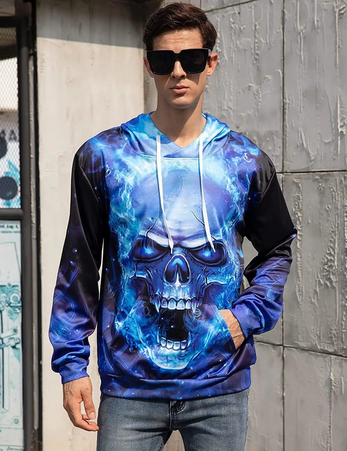 Hanorac unisex cu imprimeu 3D, poliester și spandex, mâneci lungi, buzunar tip marsupiu, mărimea M