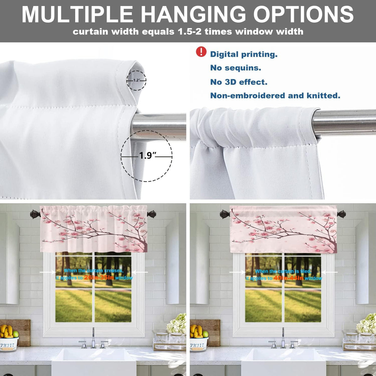Draperie scurtă decorativă pentru fereastră, model flori de cireș și ramuri de prun, 132 x 46 cm, roz