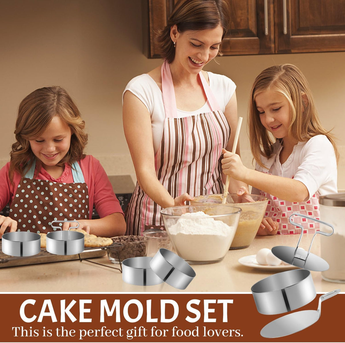 Set 6 inele pentru desert din inox, 8,8 x 3,5 cm, cu presă, spatulă de ridicare și pensulă din silicon