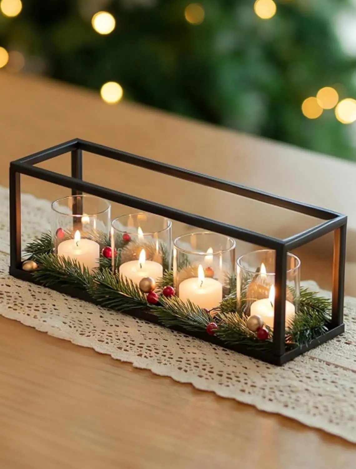 Suport pentru 4 lumânări pastilă, metal și sticlă, 30,5 x 8,8 cm, negru