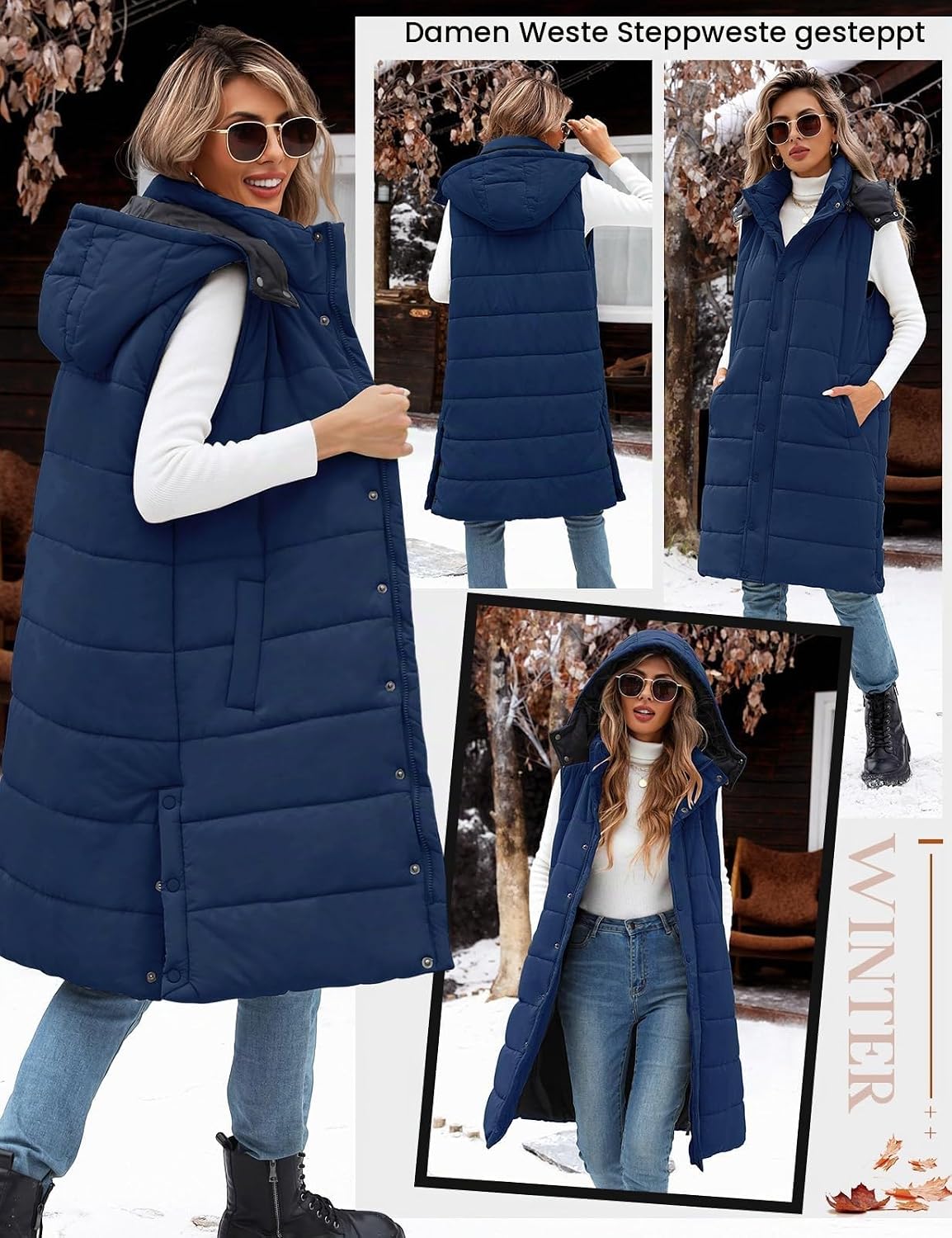 Tuopuda Women's Long Vest with Hood Autumn Winter Quilted Vest Warm Long Vest Transition Vest with Zippers Hooded Vest Down Vest Winter Jacket Vest Sleeveless Jacket