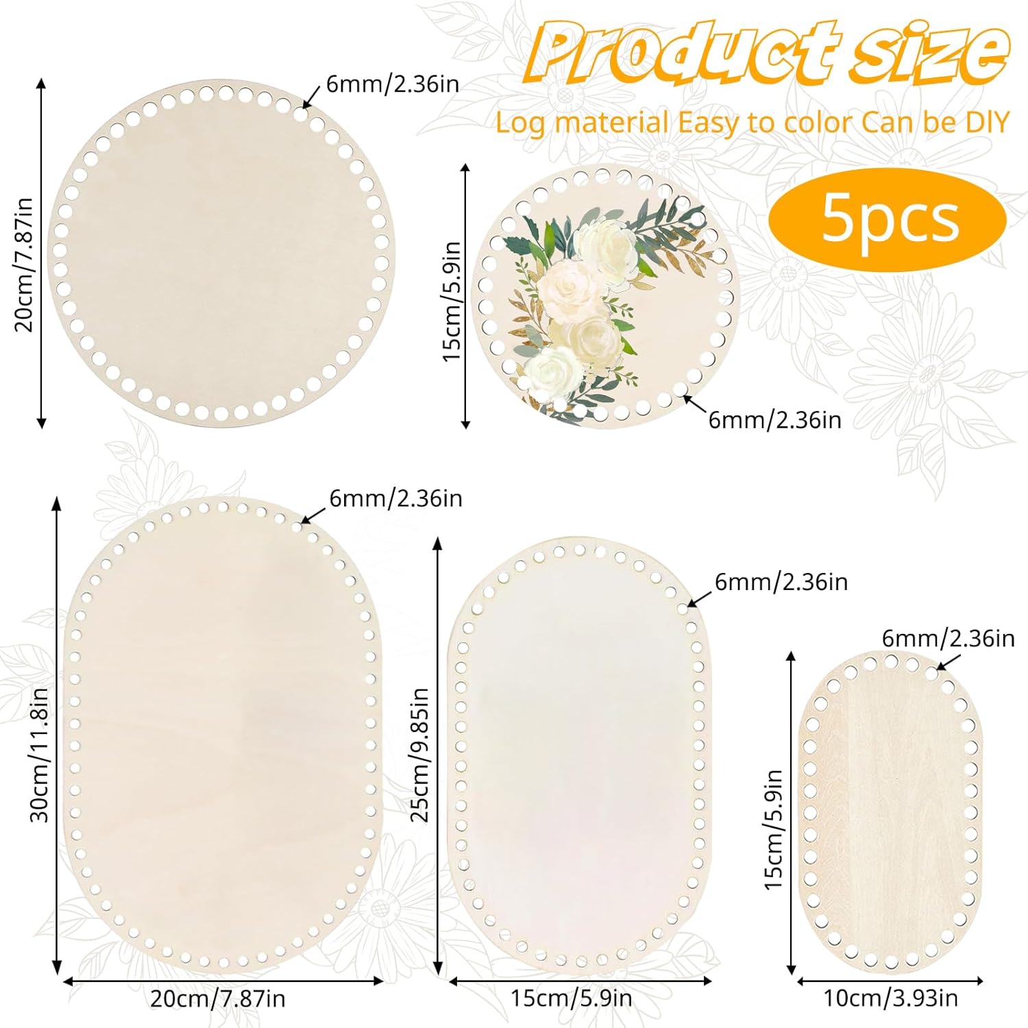 Set 5 baze pentru cos crosetat din lemn de tei, 15/20/25/30 cm, ovale si rotunde