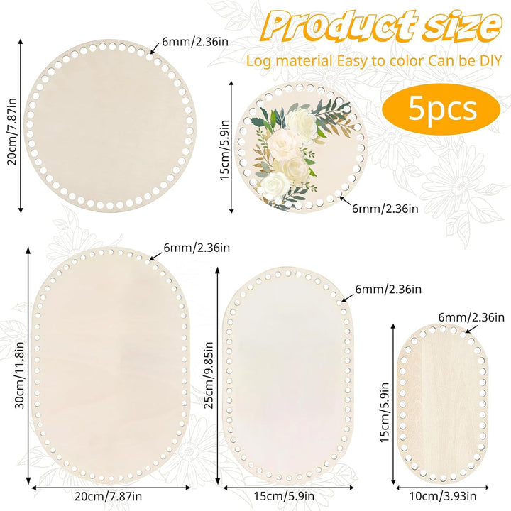 Set 5 baze pentru cos crosetat din lemn de tei, 15/20/25/30 cm, ovale si rotunde