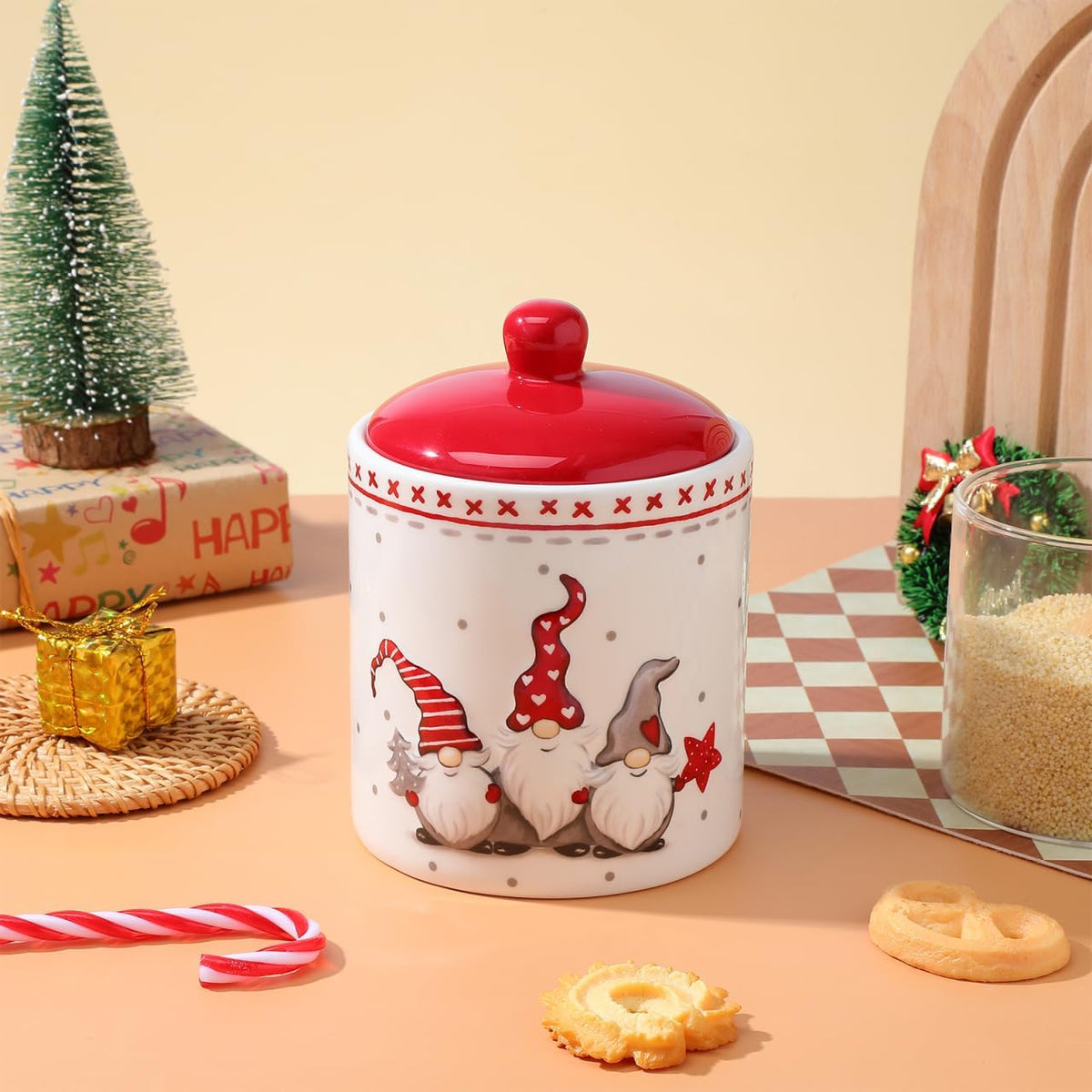 Set 2 borcane ceramice pentru biscuiți, cu capac, 14 x 10,2 x 10,2 cm, model de Crăciun