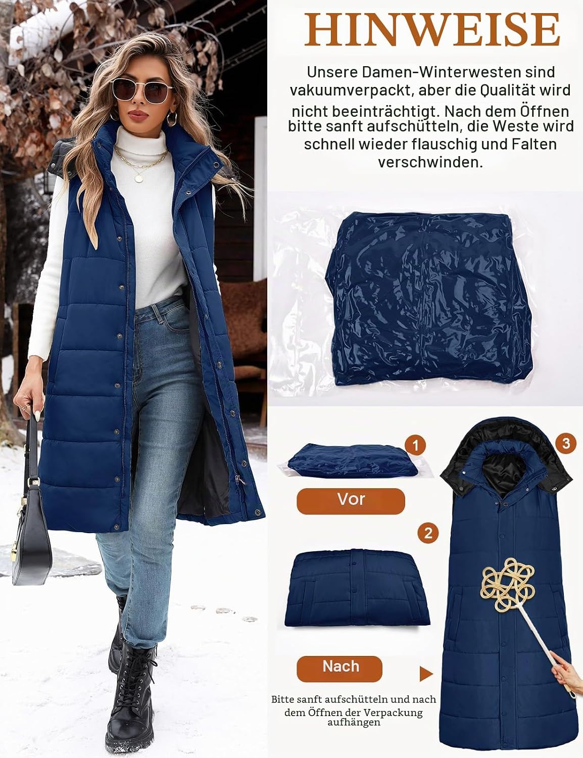 Tuopuda Women's Long Vest with Hood Autumn Winter Quilted Vest Warm Long Vest Transition Vest with Zippers Hooded Vest Down Vest Winter Jacket Vest Sleeveless Jacket