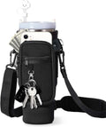 Water Bottle Carrier Bag for Stanley Cup 40oz, Water Bottle Holder with Phone Pocket,Adjustable Shoulder and Carabiner Clip,Stanley Cup Holder for Walking Hiking Camping Travelling (Black)