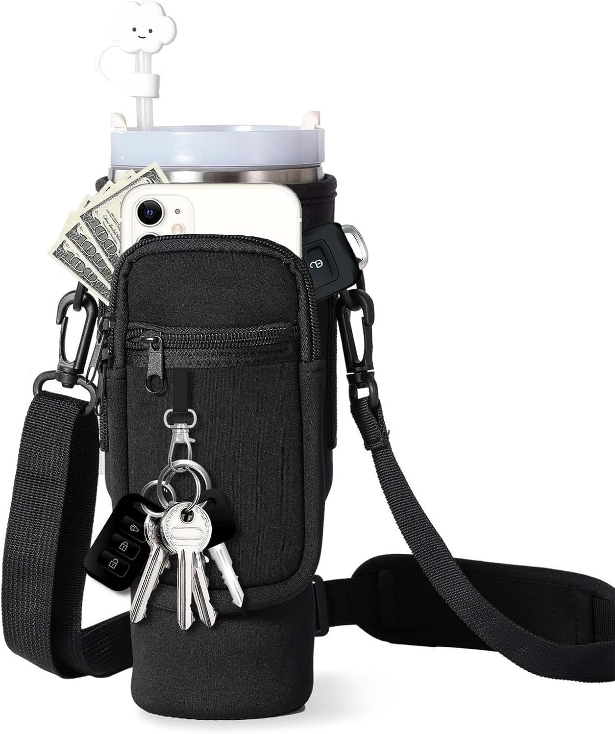 Water Bottle Carrier Bag for Stanley Cup 40oz, Water Bottle Holder with Phone Pocket,Adjustable Shoulder and Carabiner Clip,Stanley Cup Holder for Walking Hiking Camping Travelling (Black)