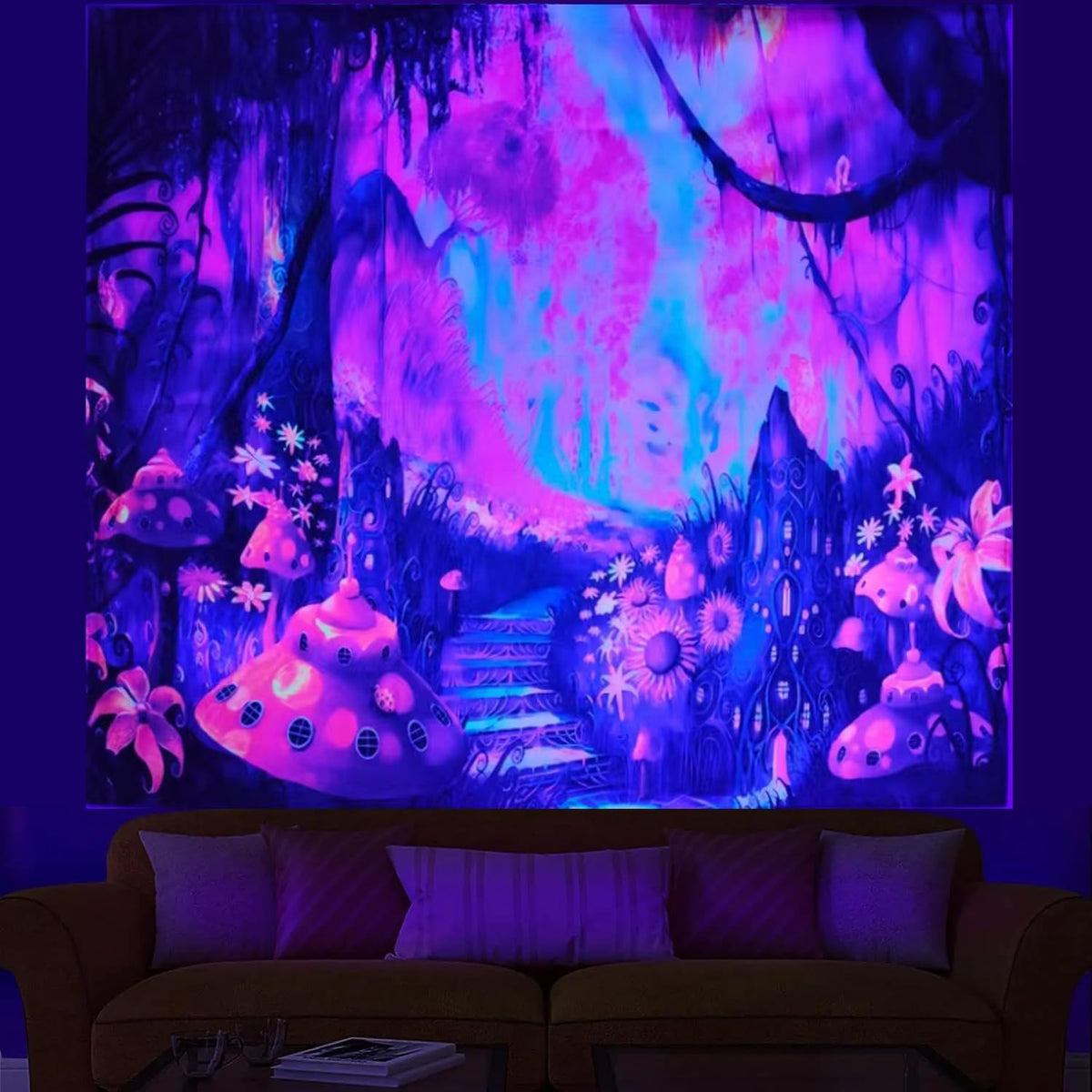 Tapiserie de perete UV, model ciuperci în pădure, 230 x 180 cm, reactivă la lumină neagră