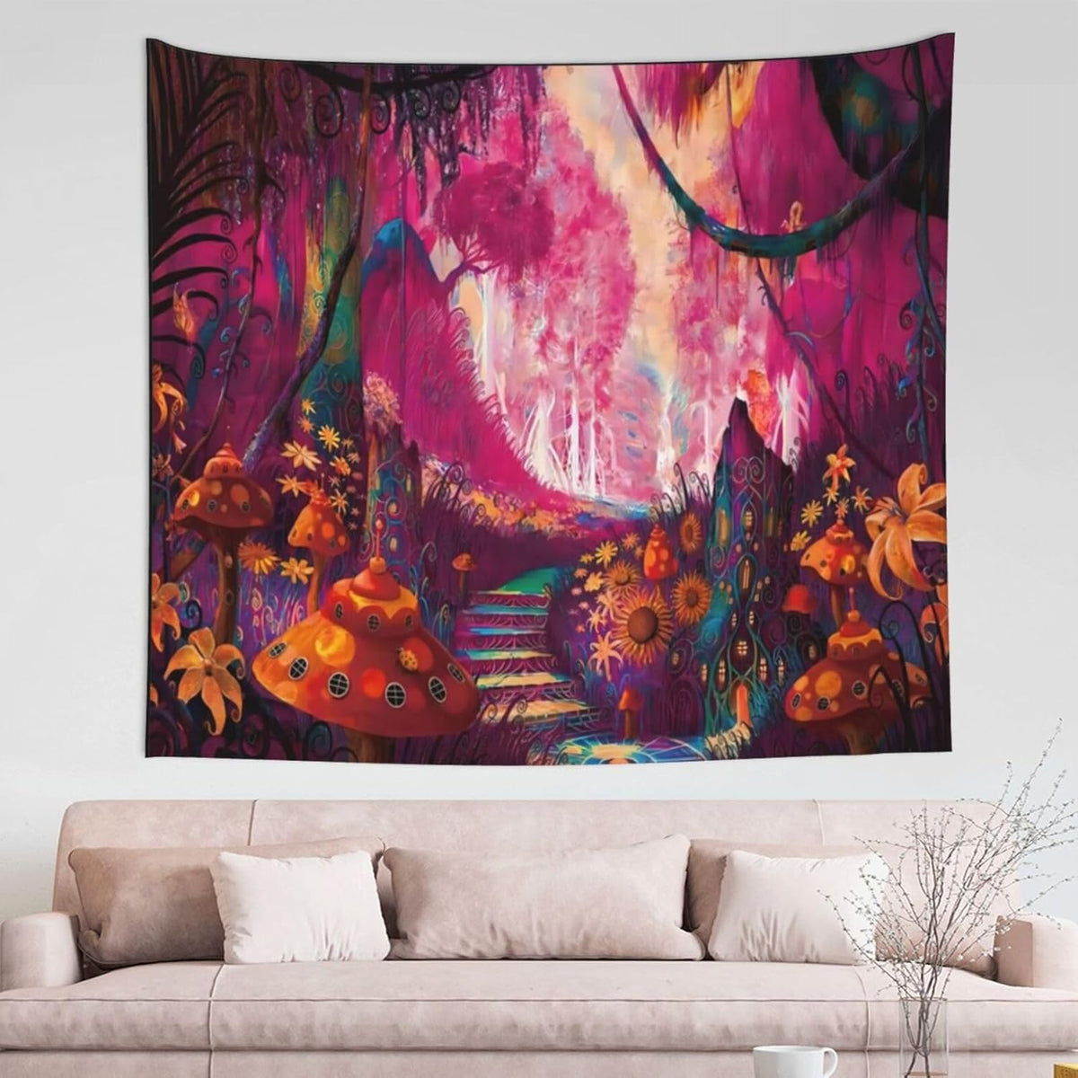 Tapiserie de perete UV, model ciuperci în pădure, 230 x 180 cm, reactivă la lumină neagră