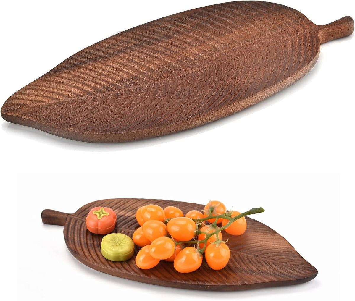 Tava servire decorativa din lemn de acacia 38 x 15 x 1,5 cm, model frunza