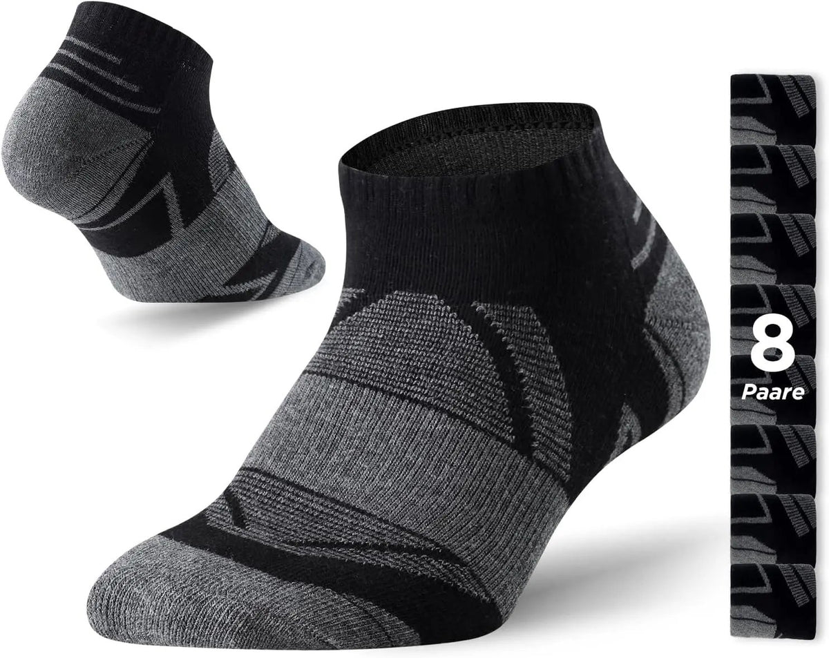 Set 8 sosete sport barbati din bumbac, scurte, talpa captusita si antiderapante, negru cu gri, 47-50